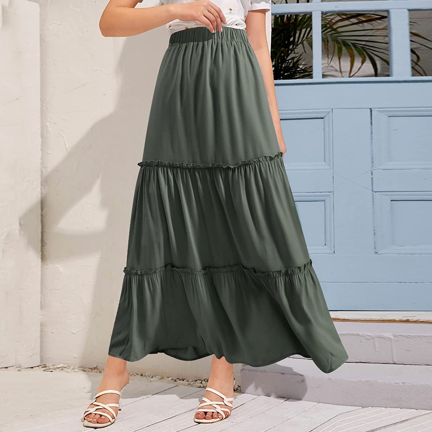 BOMAROLAN Women's Boho Maxi Skirts Summer A Line Long Skirts Ruffle Swing Beach Skirts for Women - Image 4